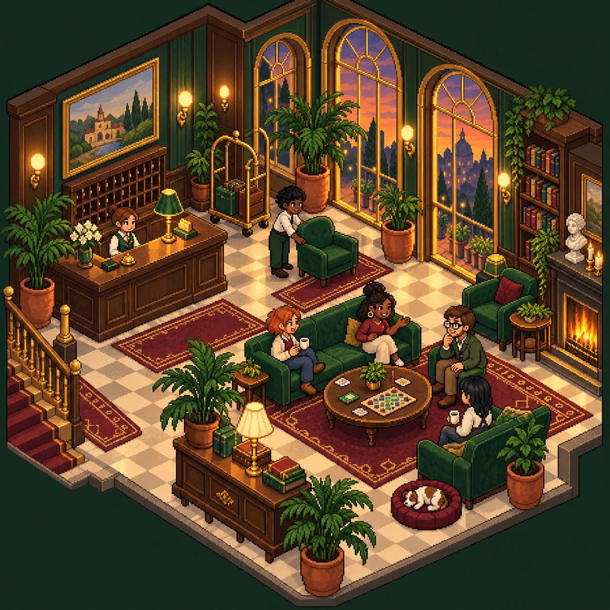 Pixel-art concept of a cozy hotel lounge with friends, green sofas, a reception desk and a sleeping dog.